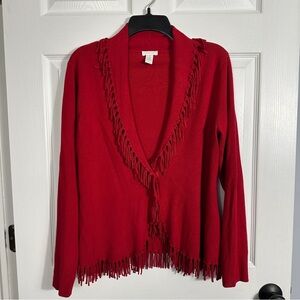 Chico's Red Fringe Open Front Cardigan, size 1, single front snap, layer, fall